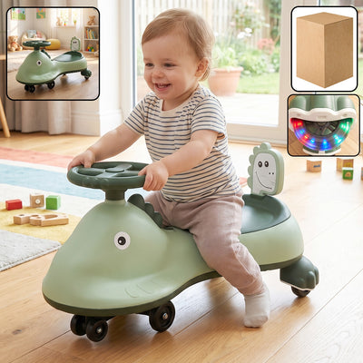 A happy baby rides a green dinosaur-shaped wiggle car with a steering wheel in a bright room.
