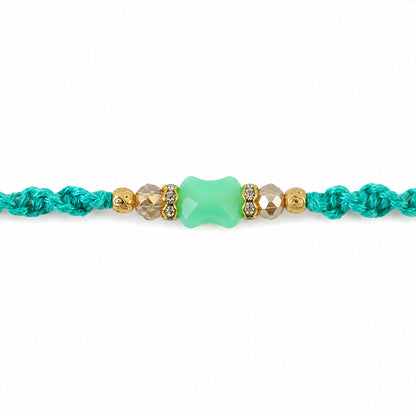 Turquoise Macrame Bracelet Rakhi with Mint Beads, Pearl Accents and Modern Thread