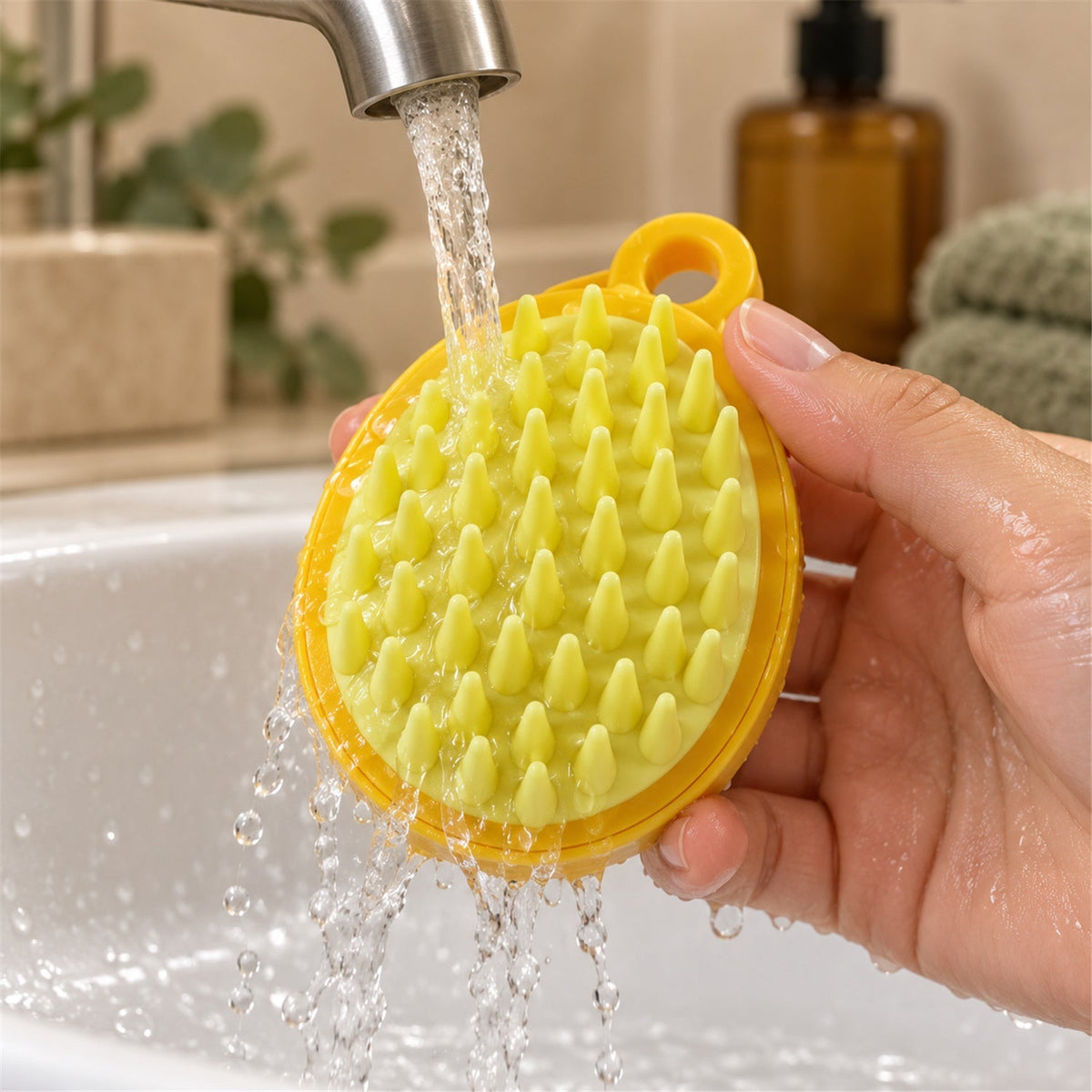 A hand holds the yellow silicone brush under running water, showing the light green bristles being rinsed.