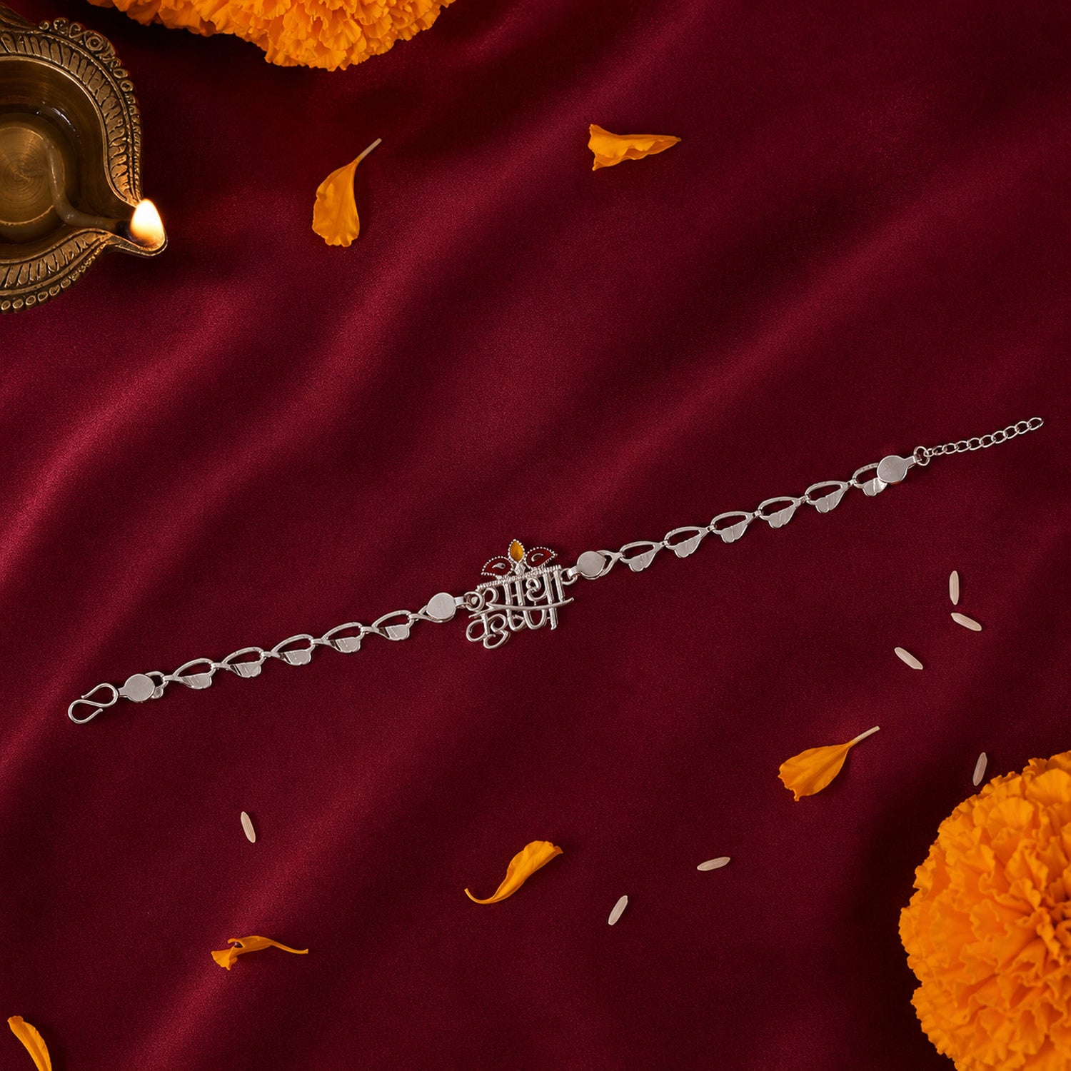 Radha Krishna Silver Motif Enamel Petal Chain Rakhi