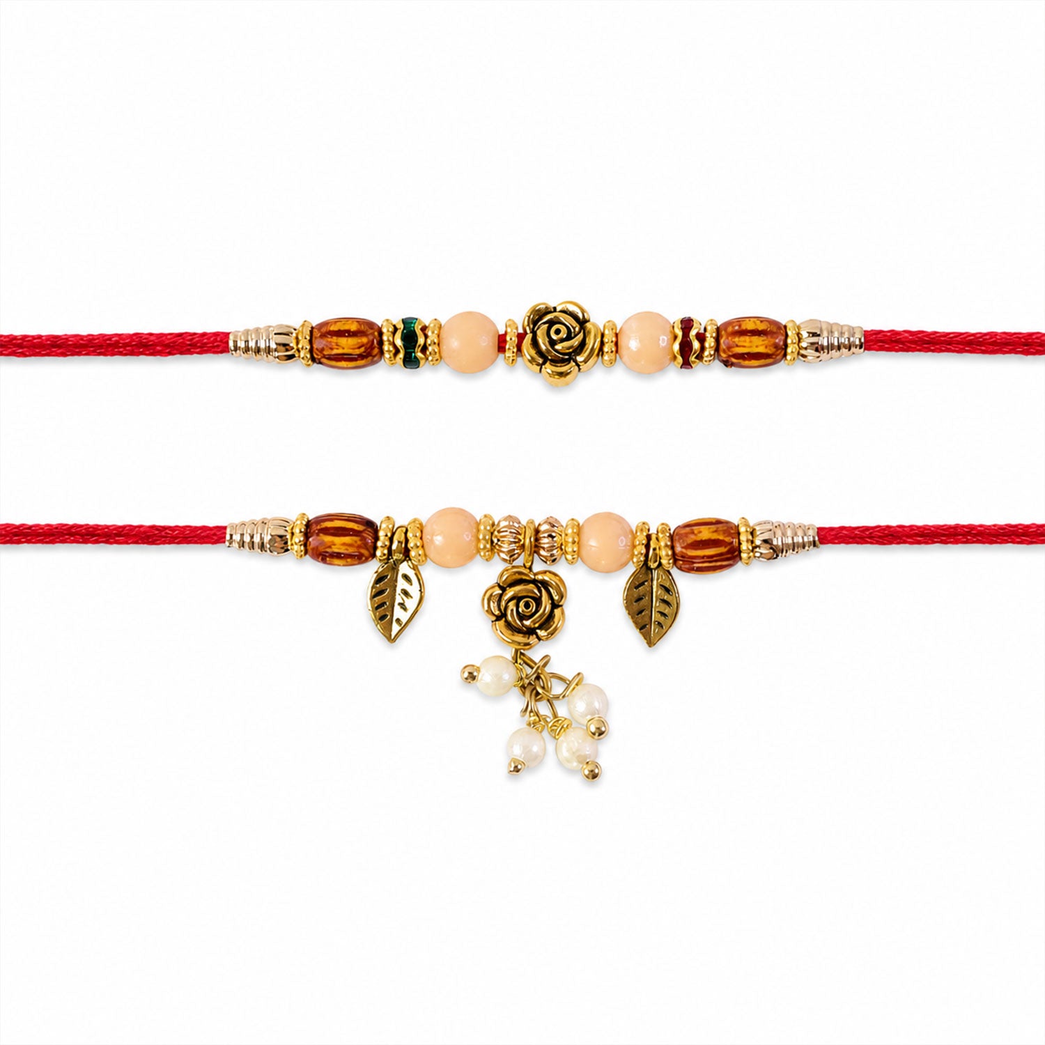 Divine Floral Rose Design Bhai Bhabhi Rakhi with Rose Center and Leaf Charm for Gift