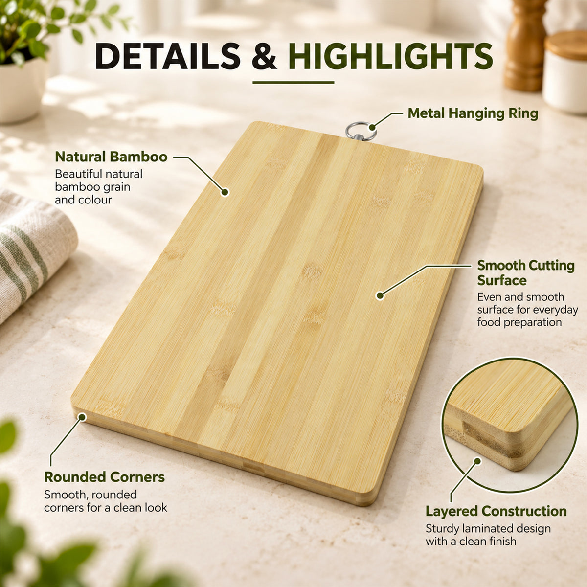 Bamboo Kitchen Chopping Board with Hanging Ring (36 x 26 Cm, 1 Pc)
