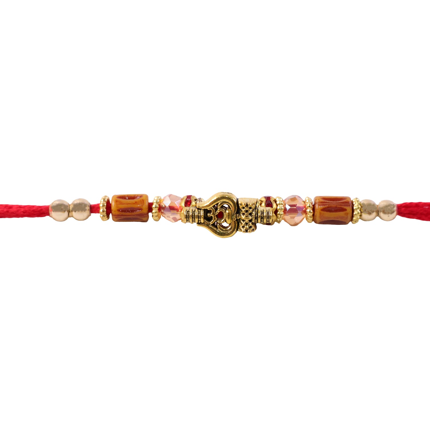 Red Thread Rakhi with Amber Beads and Antique Gold Lantern Charm