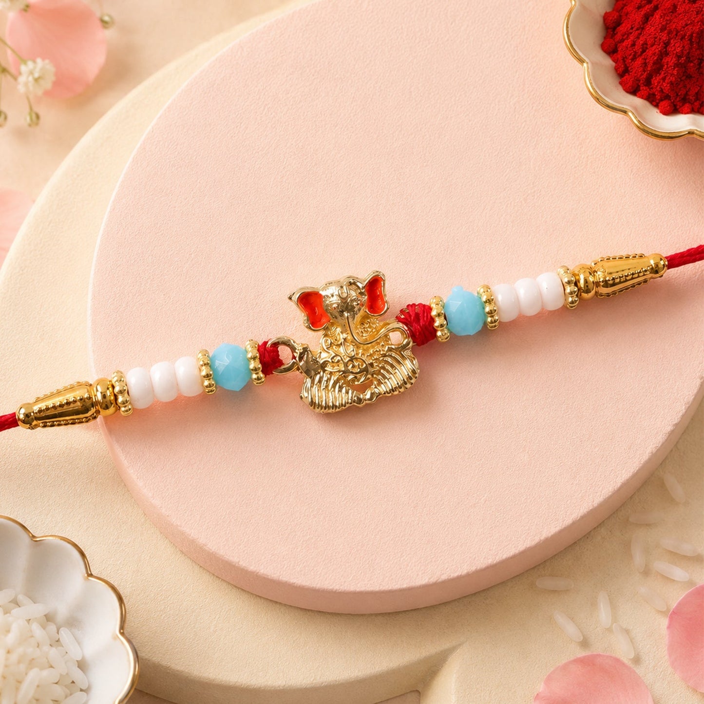 Golden Ganesha Rakhi Aqua Blue Beaded Thread for Brother (10pcs)