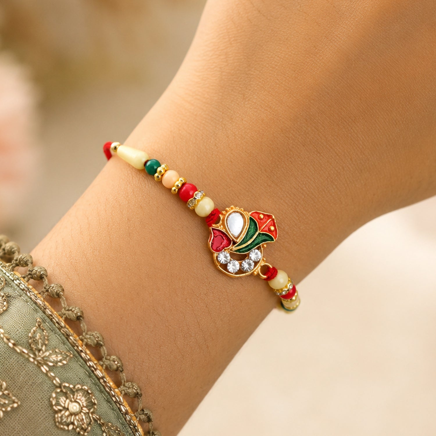Ganpati Rakhi with Enamel Work and Traditional Beads Divine Blessing (5pcs)