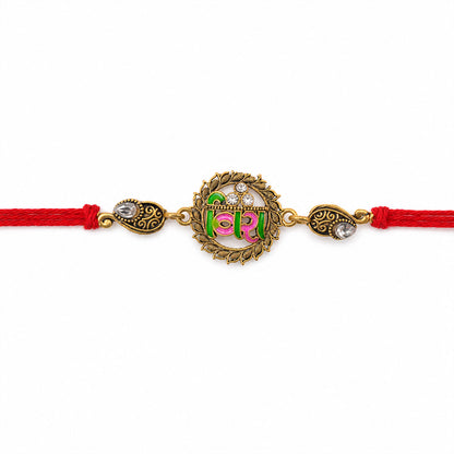 Antique Gold-Toned Veera Rakhi with Pink-Green Enamel, Crystal Accents & Red Thread