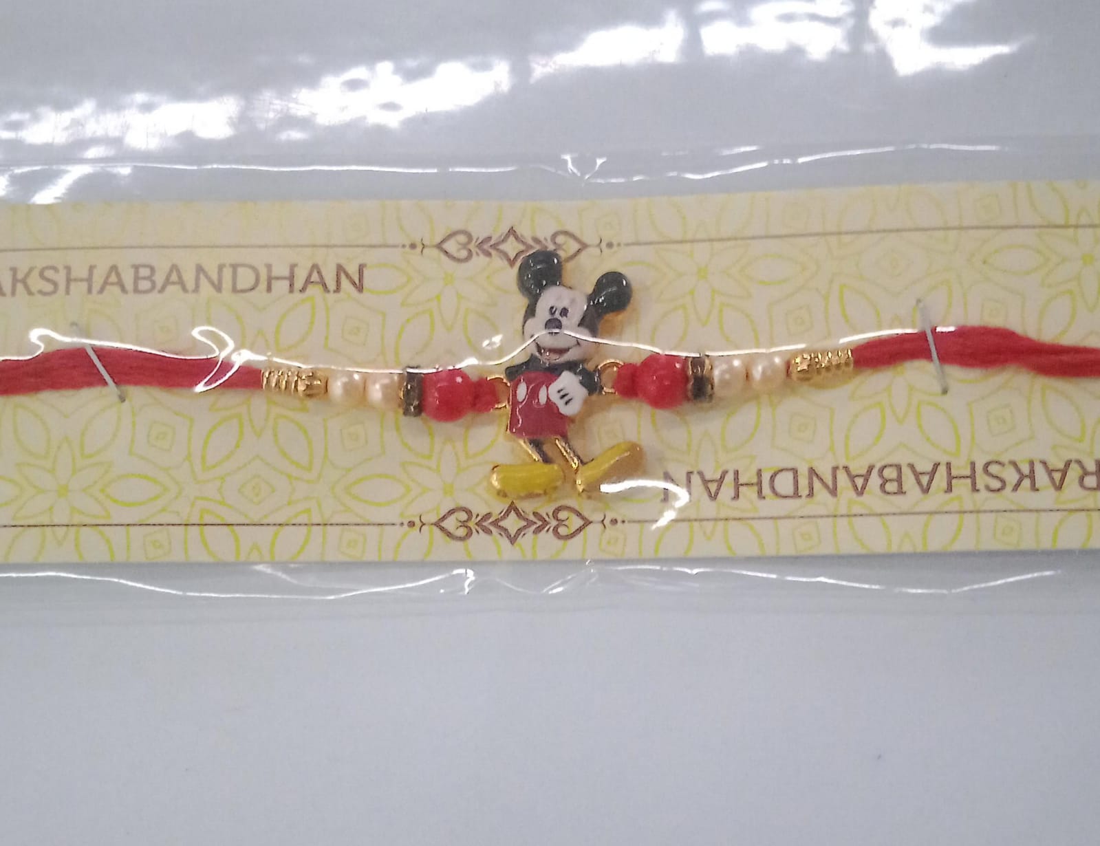 Mickey Mouse Kids Rakhi Pearls Golden Beads Red Thread (10pcs)