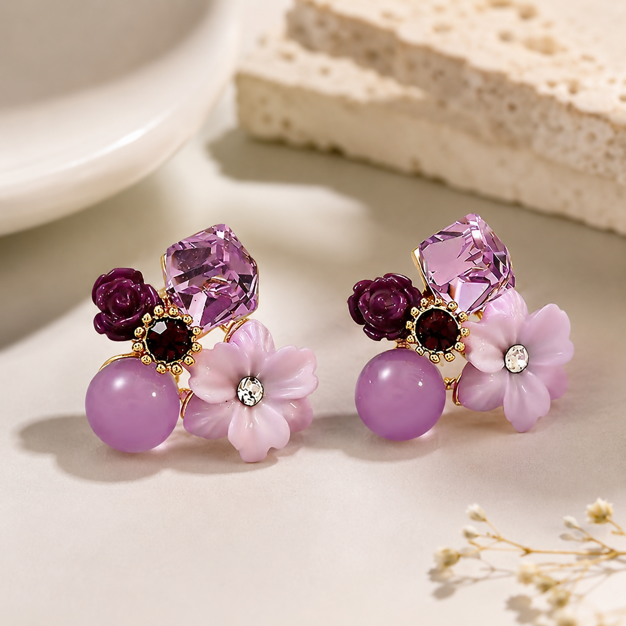 Premium Korean Floral Crystal Stud Earrings for Women Purple Flower