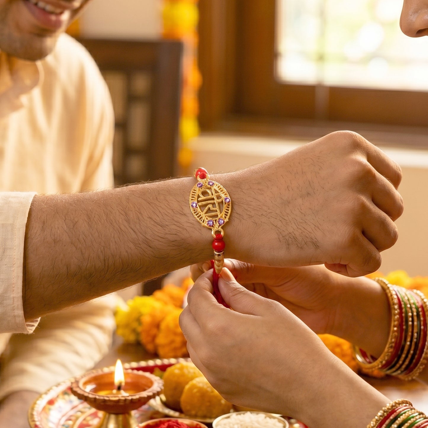 Golden Veera Rakhi for Boys with Red Beads and Thread