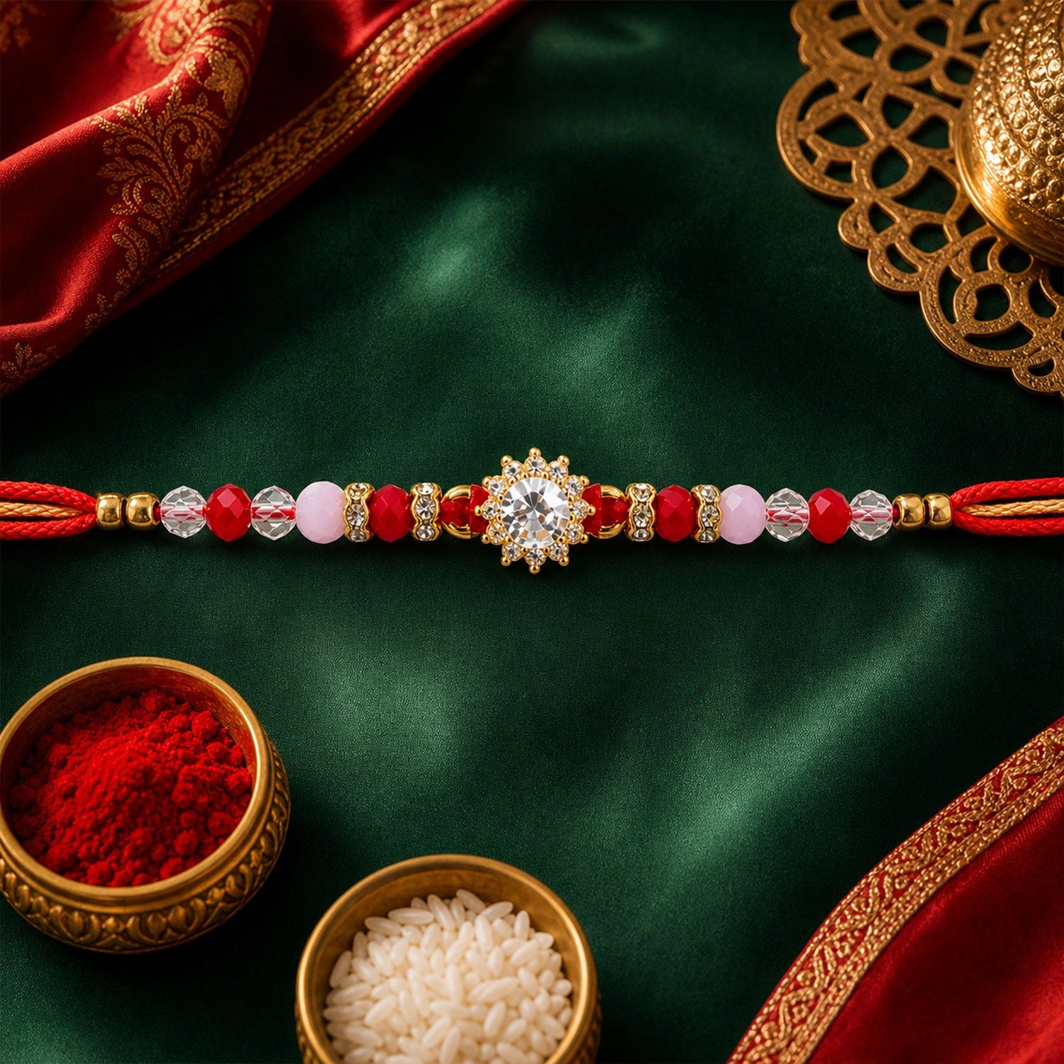 Crystal AD Stone Rakhi – Pink Red Sunflower Design for Brother