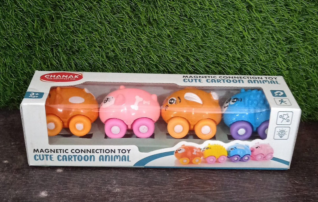 17749 Magnetic Connection Toy, Cute Cartoon Animal, Colorful Magnetic Mini Cartoon Animal Car Intelligence Kids Toy Home Decor, Train Set (4 Pc Set)