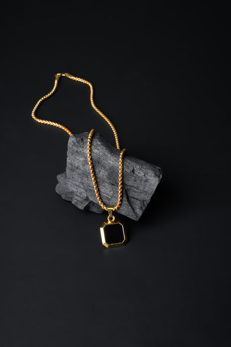 Square Double Sided Black Pendant & Gold Round Chain