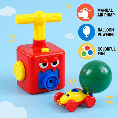 A red pump and yellow car with a green balloon, with three circular icons describing features.
