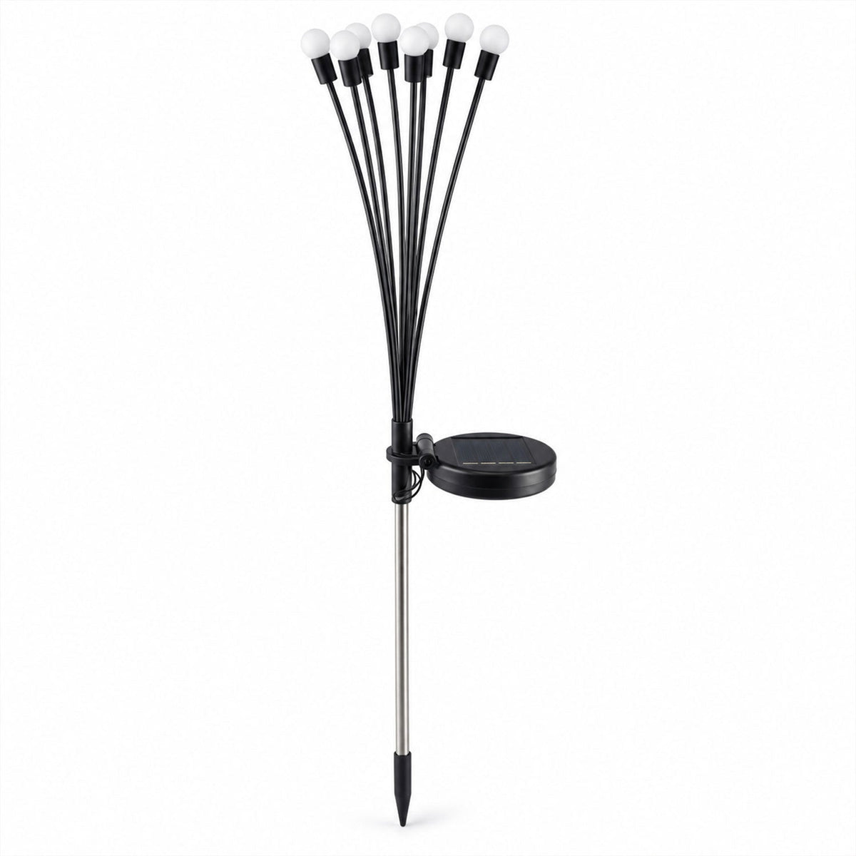 A single solar firefly light with eight white orbs and a solar panel on a silver stake, against a plain white background.