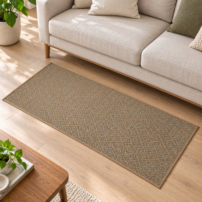 The brown diamond-patterned runner mat extends across a light wooden floor in a living room with a beige sofa.