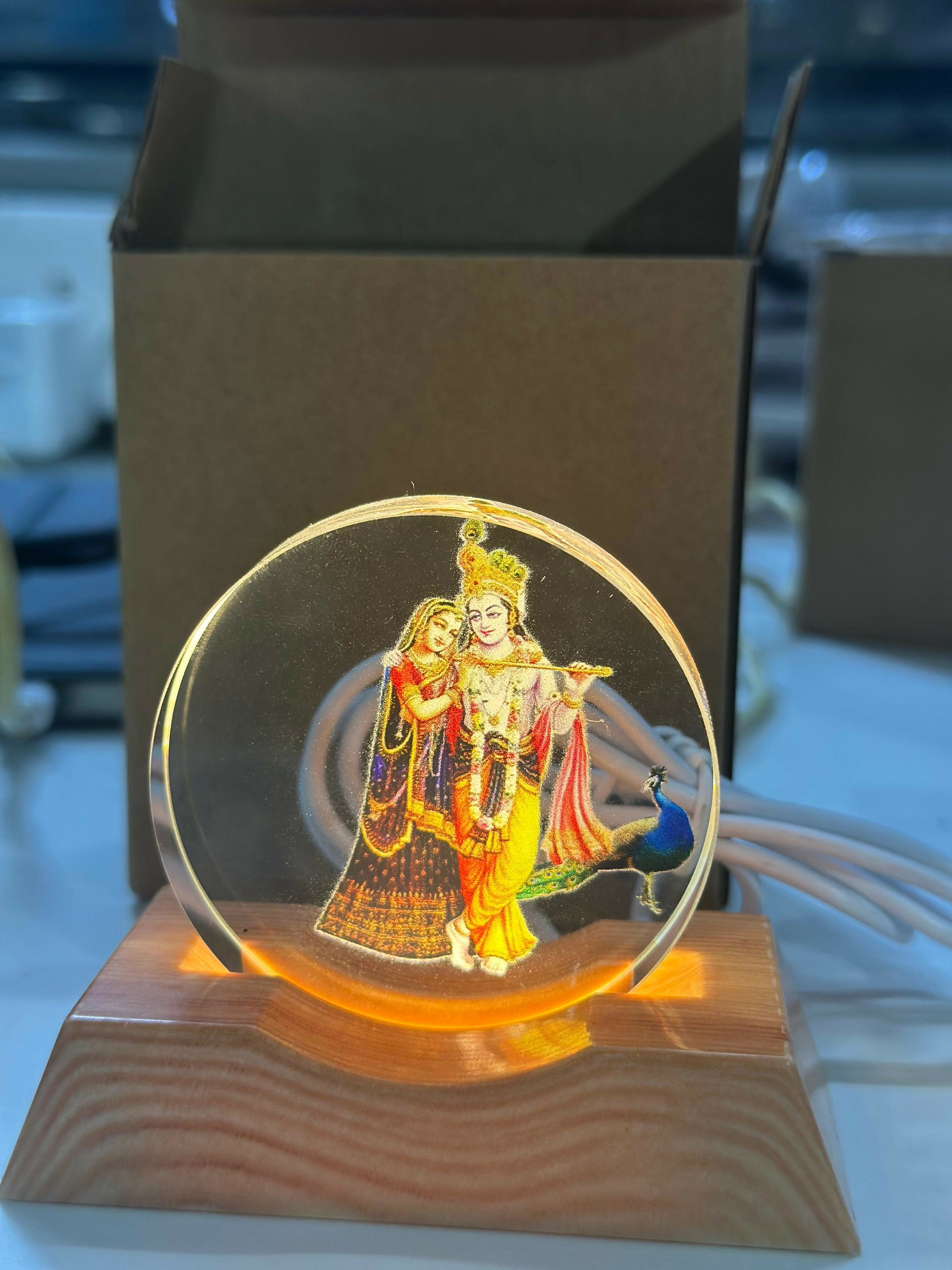 Radha Krishna Acrylic LED Lamp with Wooden Base | Night Light for Home Temple