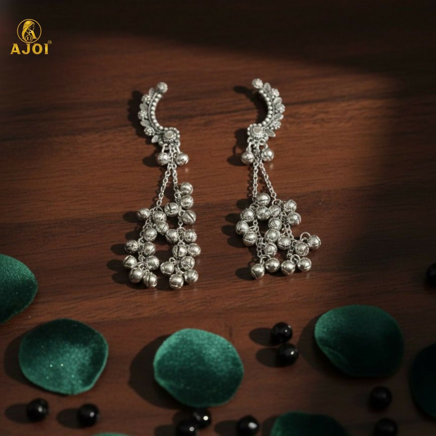 Front view of Kasmiri silver oxidised Chandbali jhumka earrings with ghungroo dangles