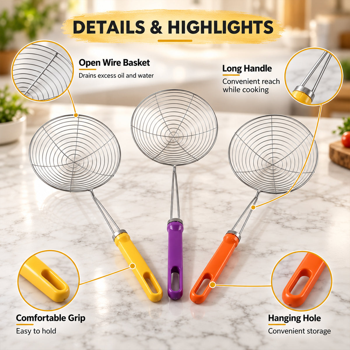 Stainless Steel Frying Strainer Spoons with Long Colour Handles (3 Pc)