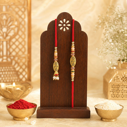 Circular Medallion Bhai Bhabhi Rakhi with Oval Medallion and Floral Tassel for Gift