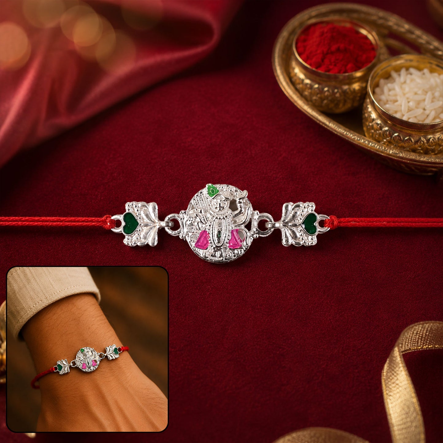 Silver Shrinathji Rakhi with Pink Green Stones and Elephant Charms