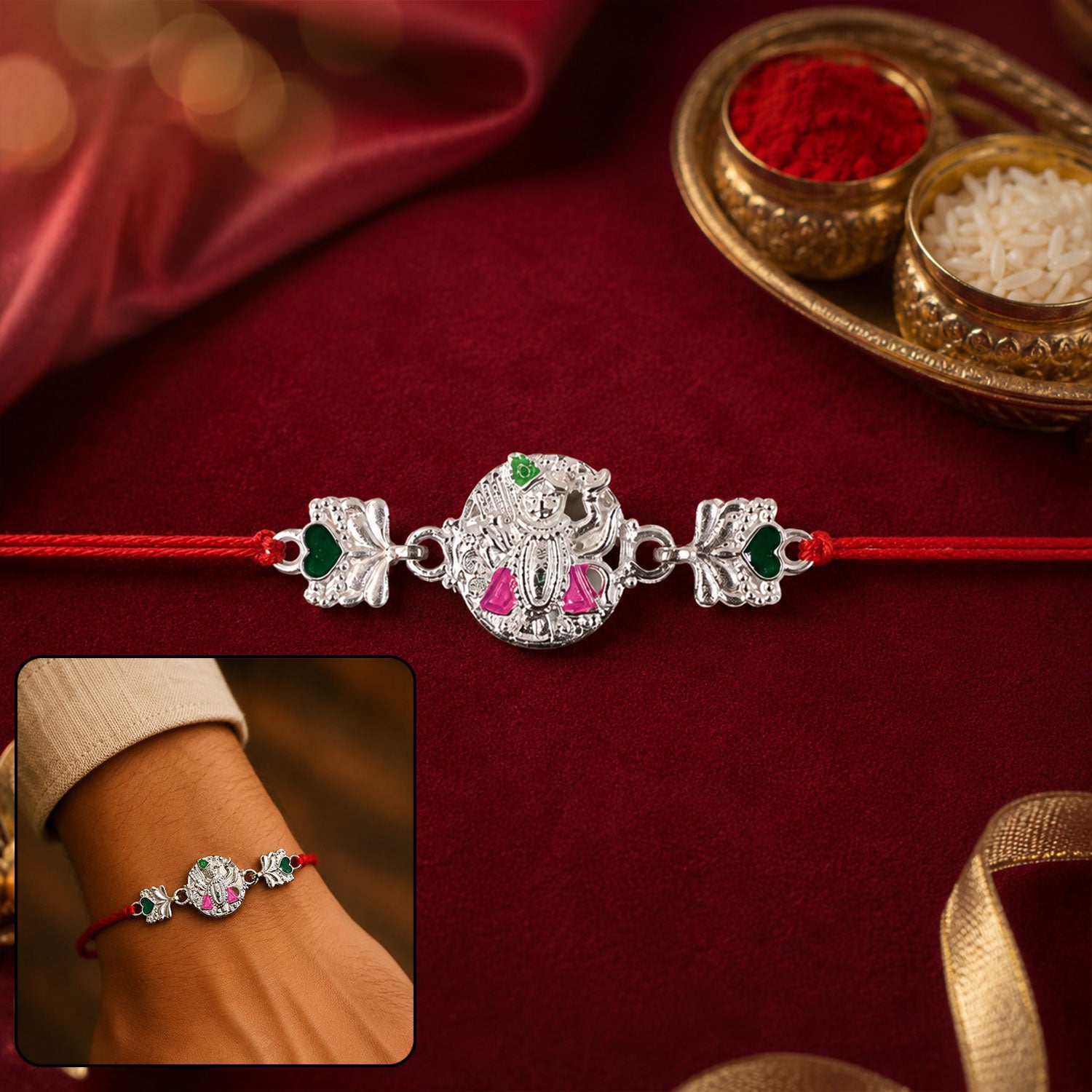 Silver Shrinathji Rakhi with Pink Green Stones and Elephant Charms