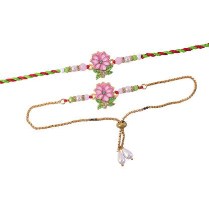Lotus Floral Beaded Bhai Bhabhi Lumba Rakhi with Pearl Drop Pair