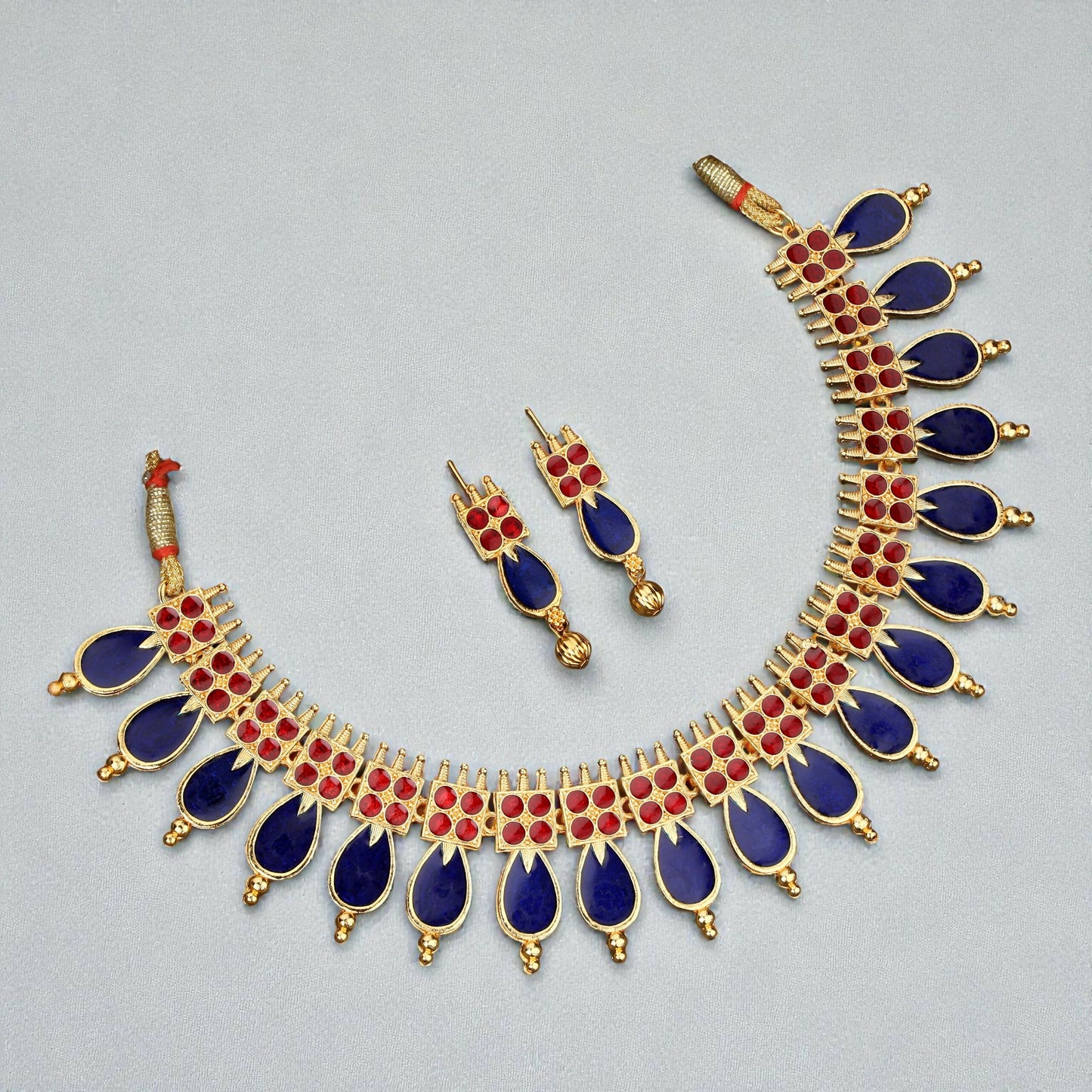 Traditional Gold-Tone Blue-Maroon Enameled Lotus Choker Set