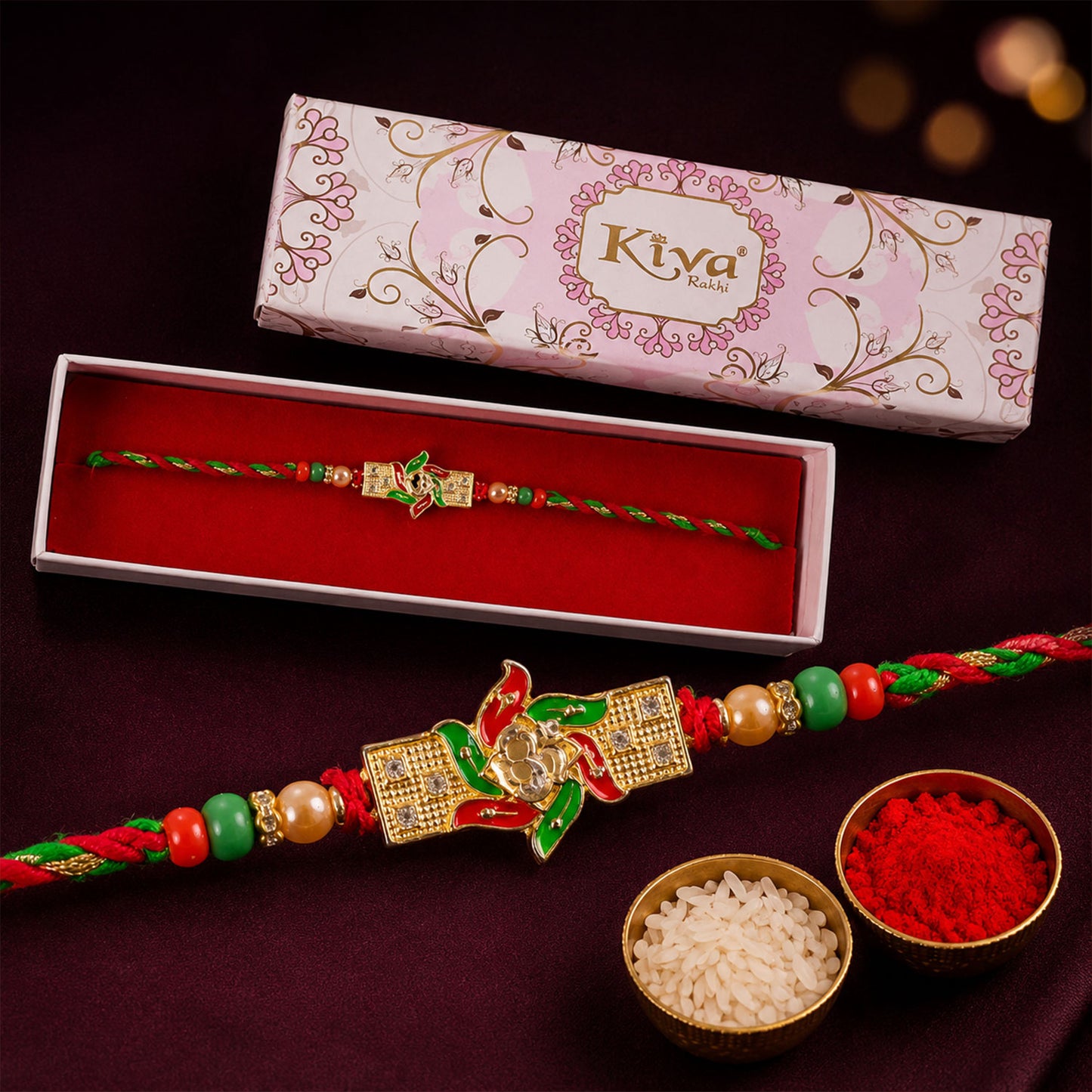 Festive Red & Green Meenakari Pinwheel AD Stone Rakhi for Brother Gift