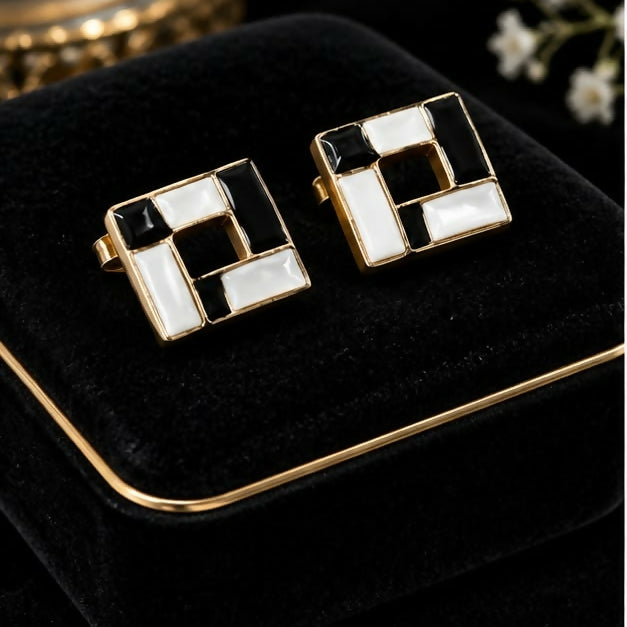 Black and White Square Stud Earrings with Gold-Tone Geometric Cutout Design