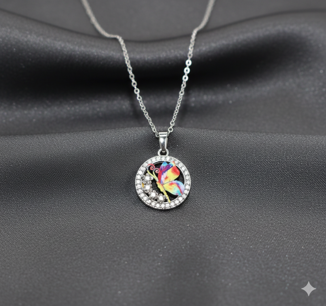 Rainbow Enamel Butterfly Circle AD Halo Pendant Necklace For women and girls