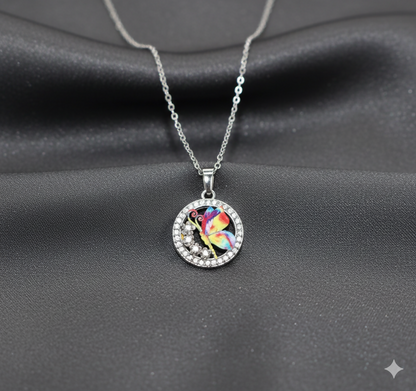 Rainbow Enamel Butterfly Circle AD Halo Pendant Necklace For women and girls