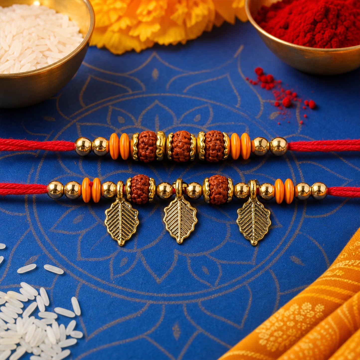 Couple Rakhi Set with Rudraksha Beads, Orange Spacers and Leaf Charms