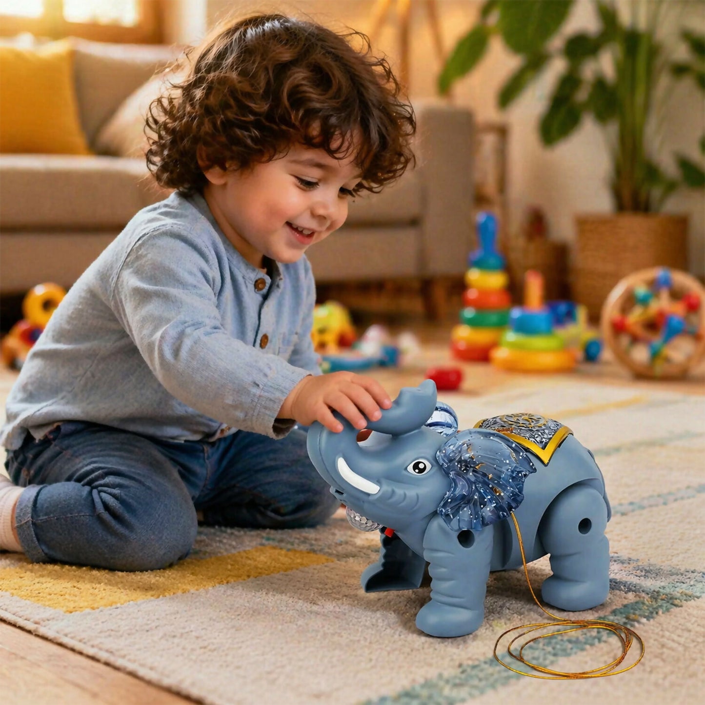 Toddler playing with Light-Up Elephant Pull Toy