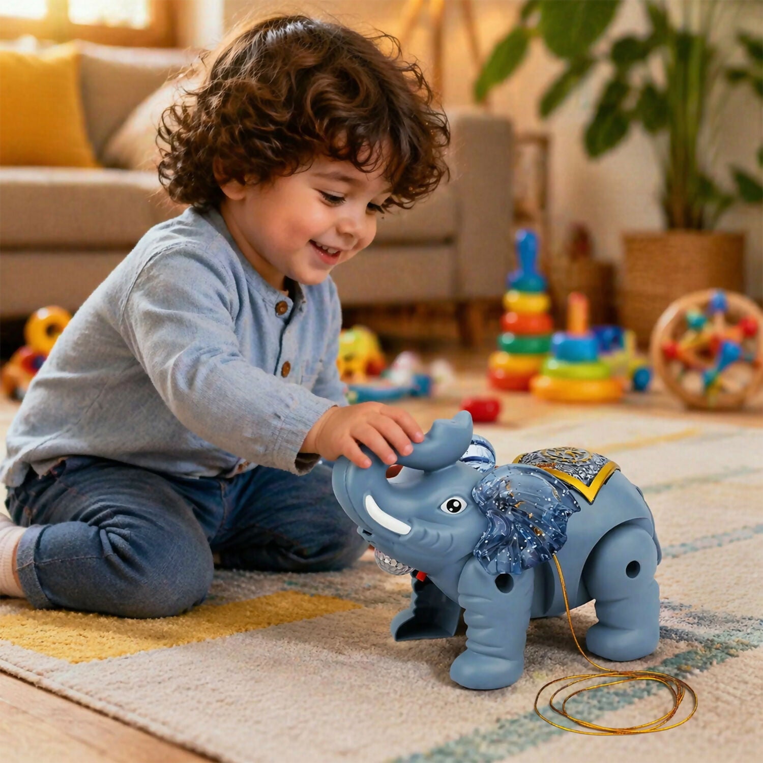 Toddler playing with Light-Up Elephant Pull Toy