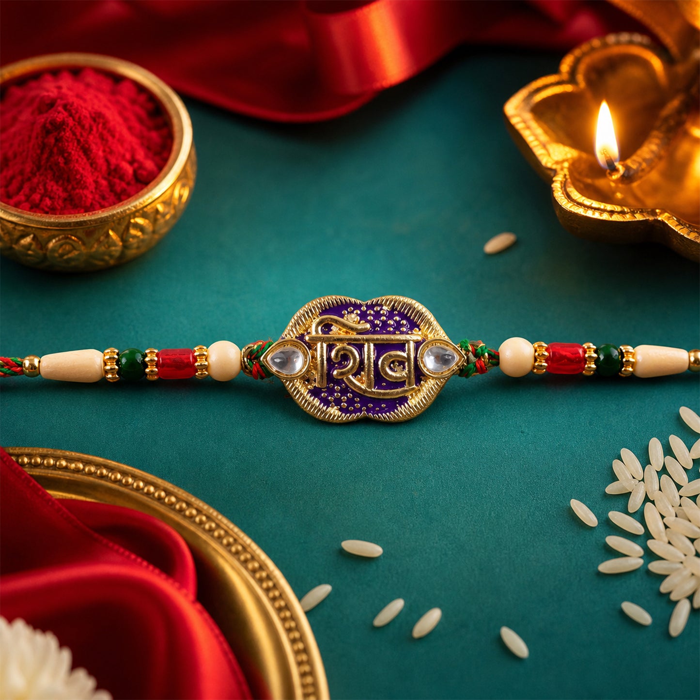 Shiv Text Pendant Rakhi with Purple Enamel and Kundan Stones