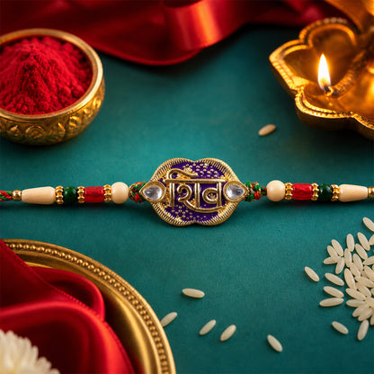 Shiv Text Pendant Rakhi with Purple Enamel and Kundan Stones