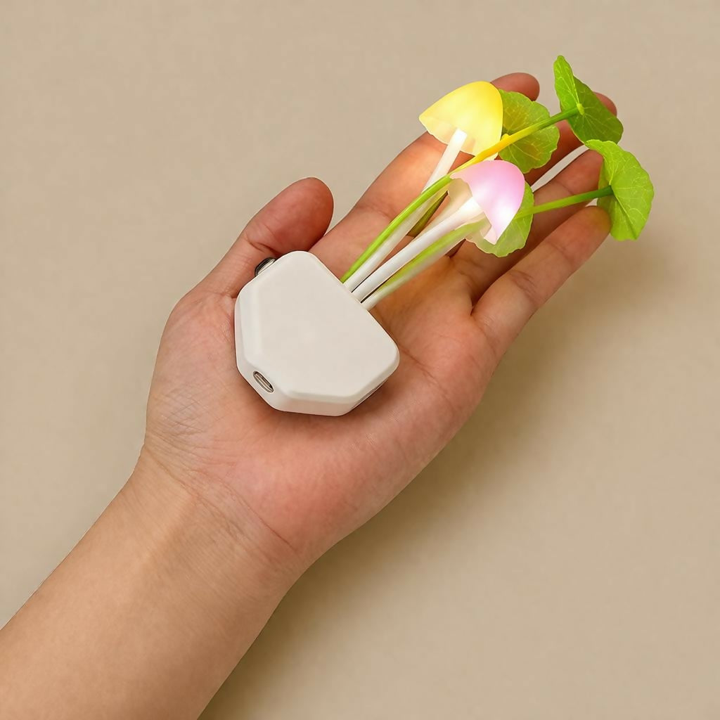 Mushroom LED night light glowing on bedside table