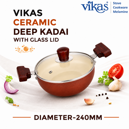 Vikas Ceramic Deep Kadai with Glass Lid and Wooden Handles Brown front view