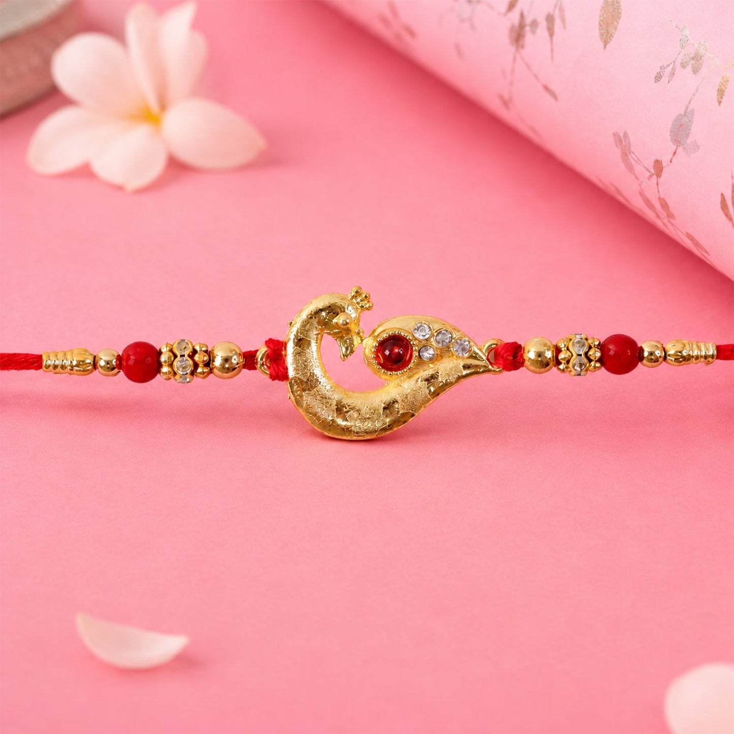 Peacock Feather Rakhi, Golden & Kundan Detailed Red Thread (5pcs)