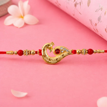 Peacock Feather Rakhi, Golden & Kundan Detailed Red Thread (5pcs)