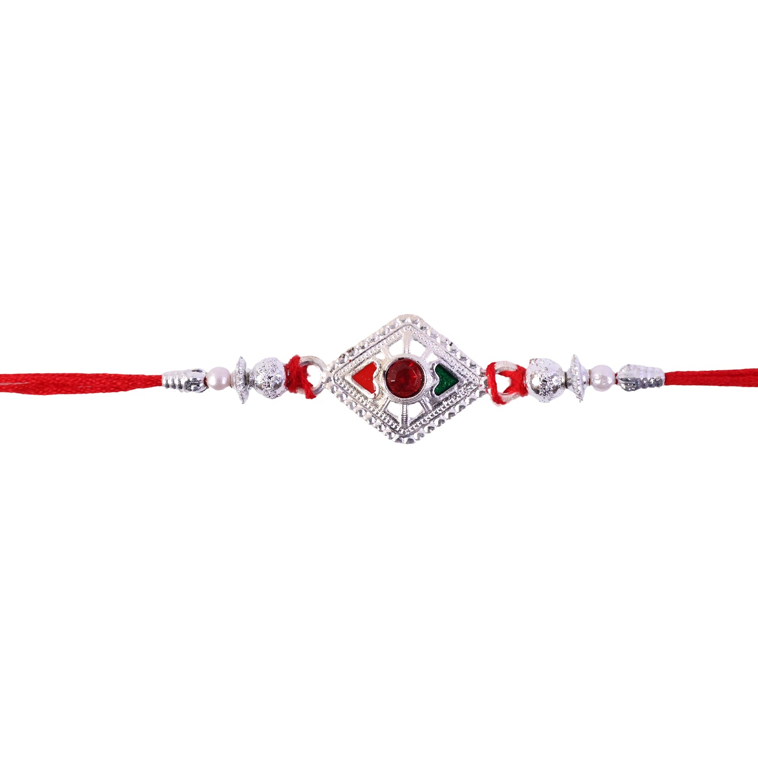 Square Silver Rakhi with Red Stone Center and Pearl Bead Chain
