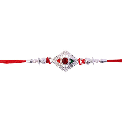 Square Silver Rakhi with Red Stone Center and Pearl Bead Chain