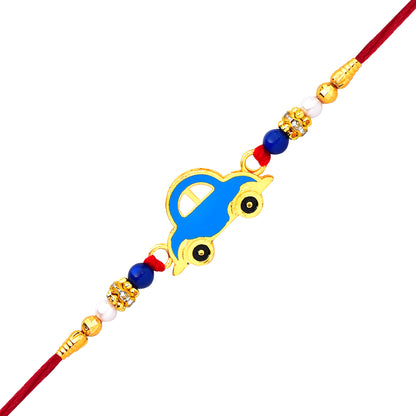 Handcrafted blue car rakhi for kids perfect for Raksha Bandhan gift.