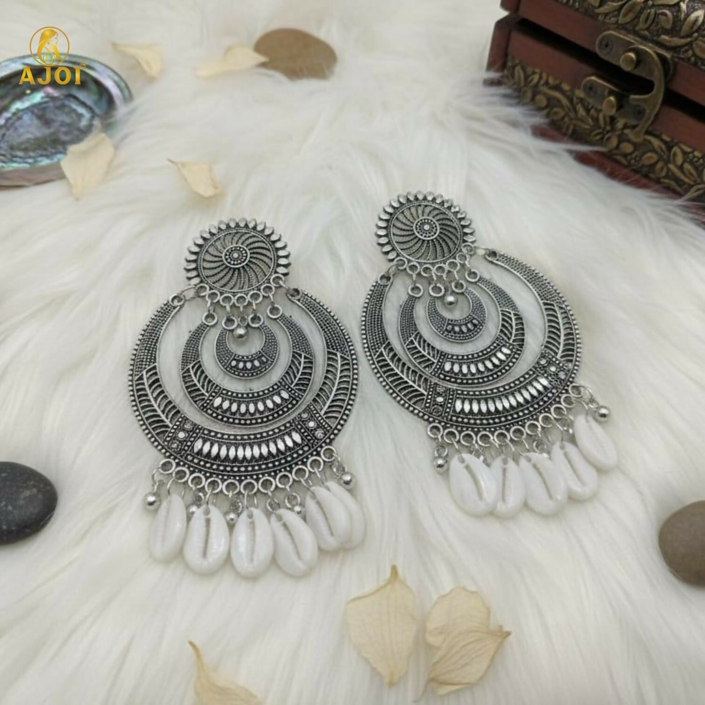 Oxidized Silver Chandbali Earrings with Cowrie Shell Drops Earring
