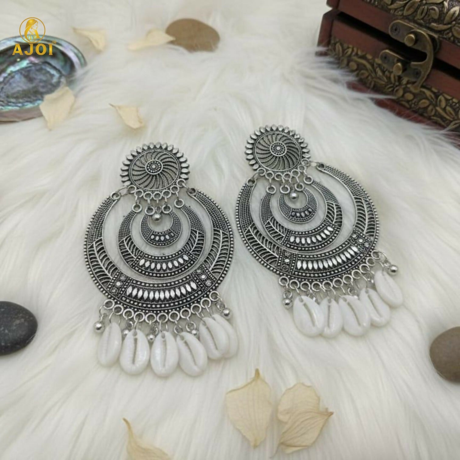 Oxidized Silver Chandbali Earrings with Cowrie Shell Drops Earring
