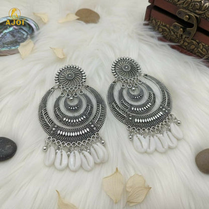 Oxidized Silver Chandbali Earrings with Cowrie Shell Drops Earring