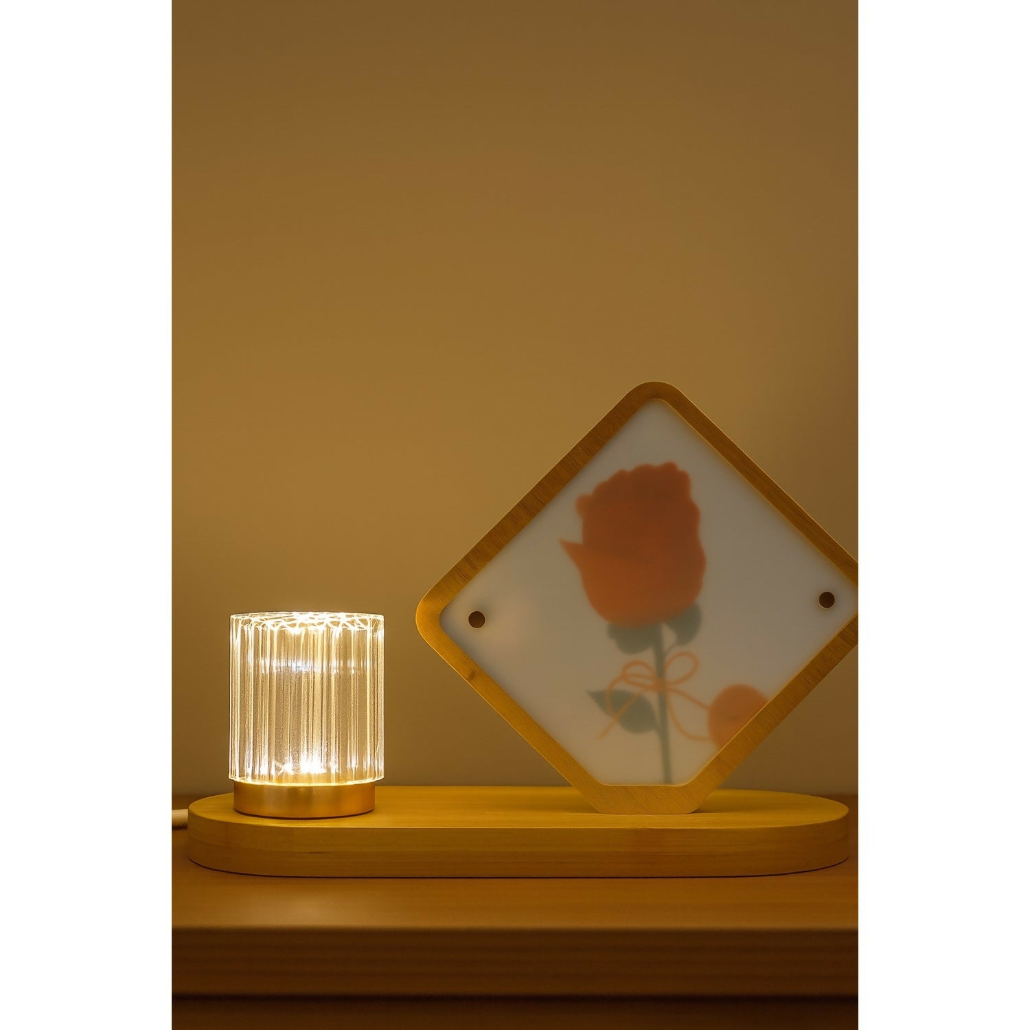 Elegant Wooden Frame Rose Night Lamp with Crystal Dome LED Light – Romantic Bedside Décor with USB Cable & Remote Control – Perfect for Bedroom, Living Room, Gifting & Ambience Lighting