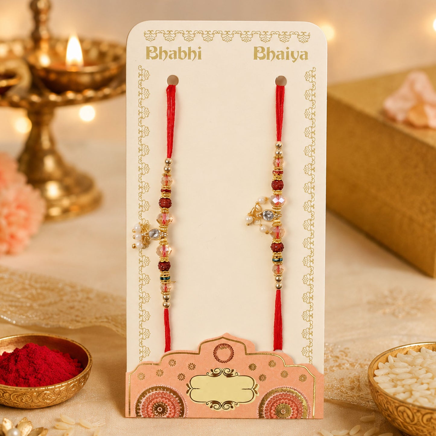 Rudraksha Beaded Crystal Charm Bhai Bhabhi Rakhi with Pearl Drops for Raksha Bandhan