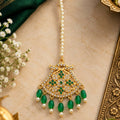 Traditional Pearl Chain Maang Tikka with CZ Stone Pendant and Decorative Beaded Drops