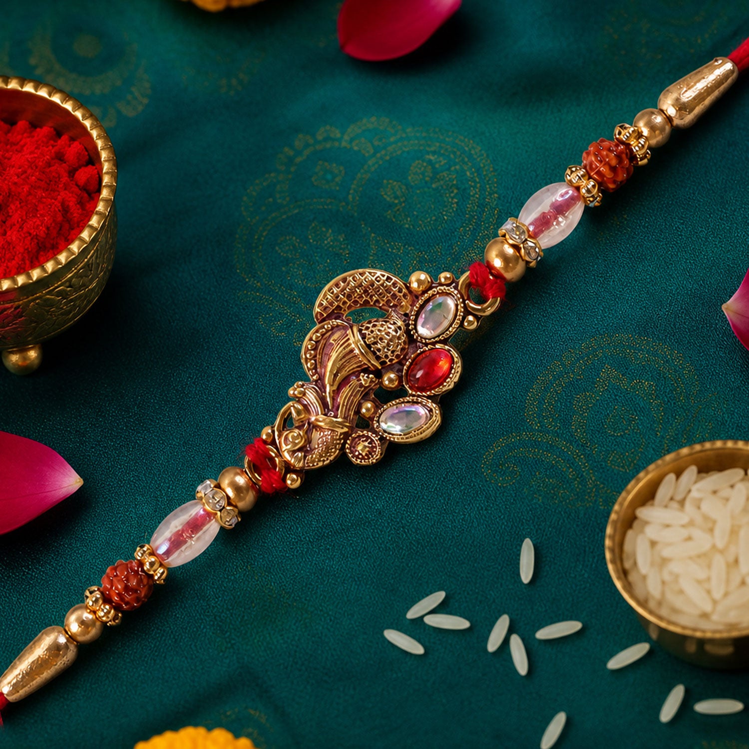 Elegant Rakhi with Ornate Floral Medallion and metal trims in chain look for Gift Use